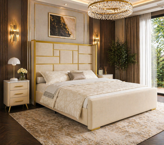 King Beige Velvet Platform Bed with 55.12" Wingback Headboard & 2 Nightstands Set