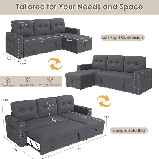 L Shaped Sleeper Sofa Bed with Storage and USB Port