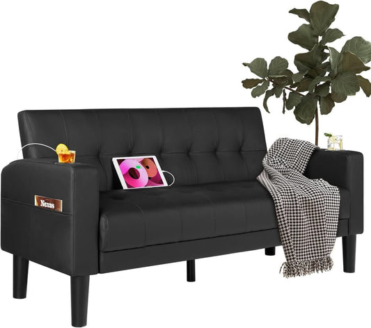 Mid-Century Modern Loveseat with USB Ports and Cup Holders