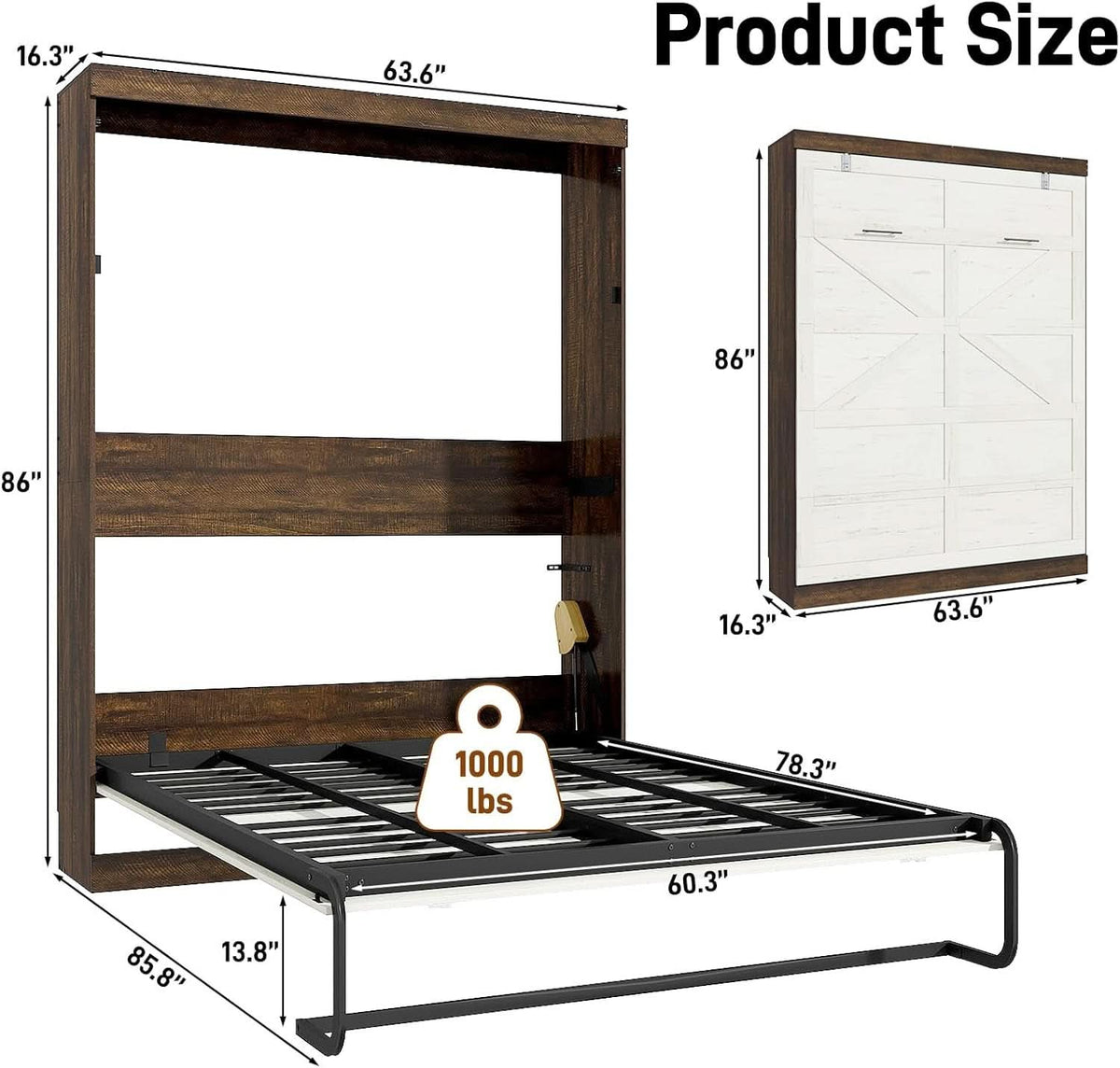 Queen Size Murphy Bed With LED Lights Rustic White Finish