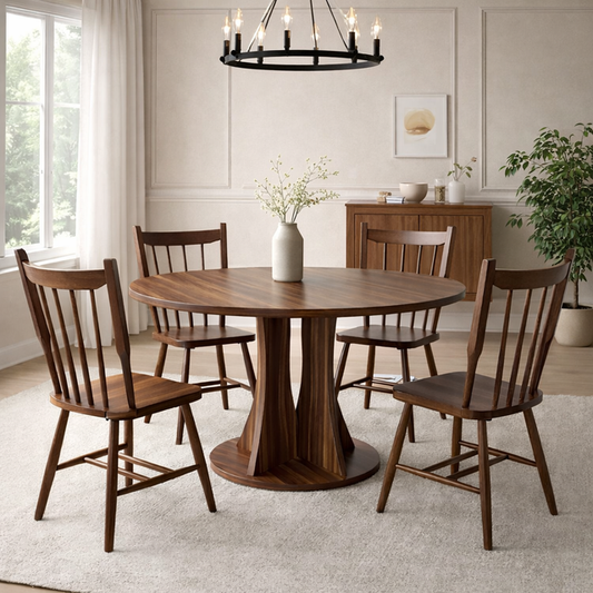 47" Round Walnut Dining Table with 4 Windsor Spindle Back Chairs 5-Piece Dining Set