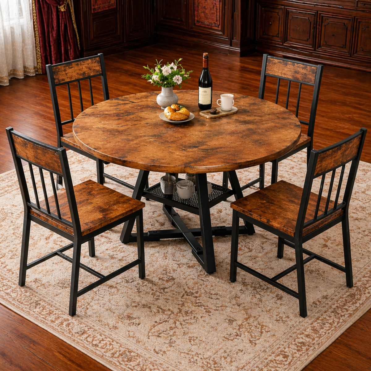 51 Inch Round Dining Table with 4 Industrial Chairs Rustic Brown Kitchen Dining Set