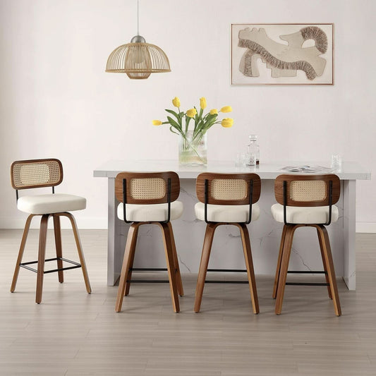 Swivel Counter Height Bar Stools Set of 4 Cream Upholstered Rattan Back