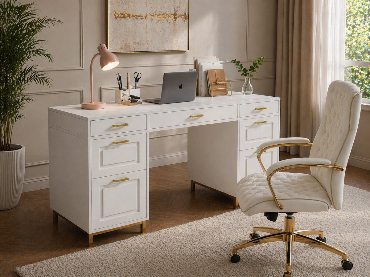 White Gold Executive Desk with 7 Drawers + Matching Padded Office Chair Set