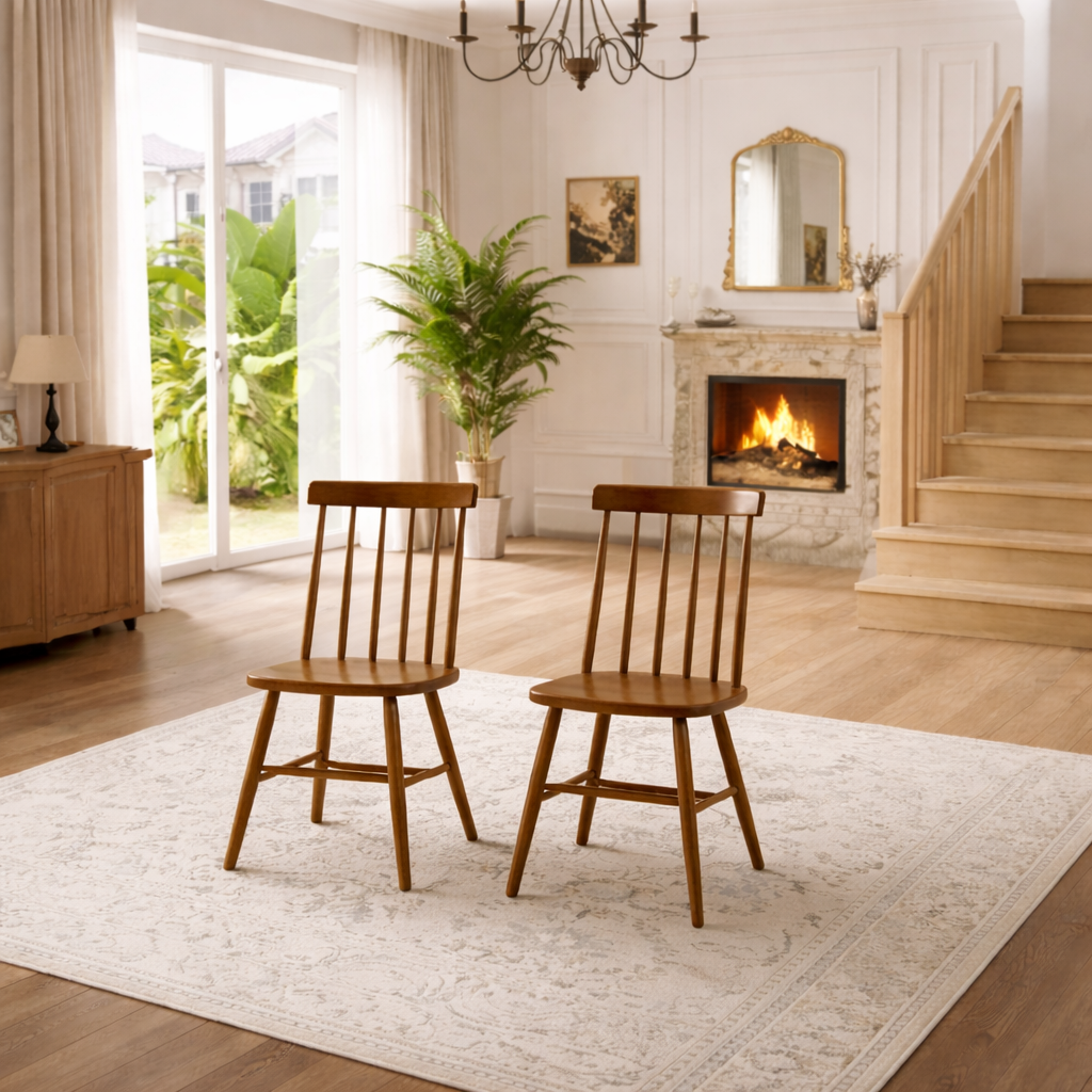 63 Inch Farmhouse Dining Table Set with 6 Windsor Chairs Walnut Brown Rectangular