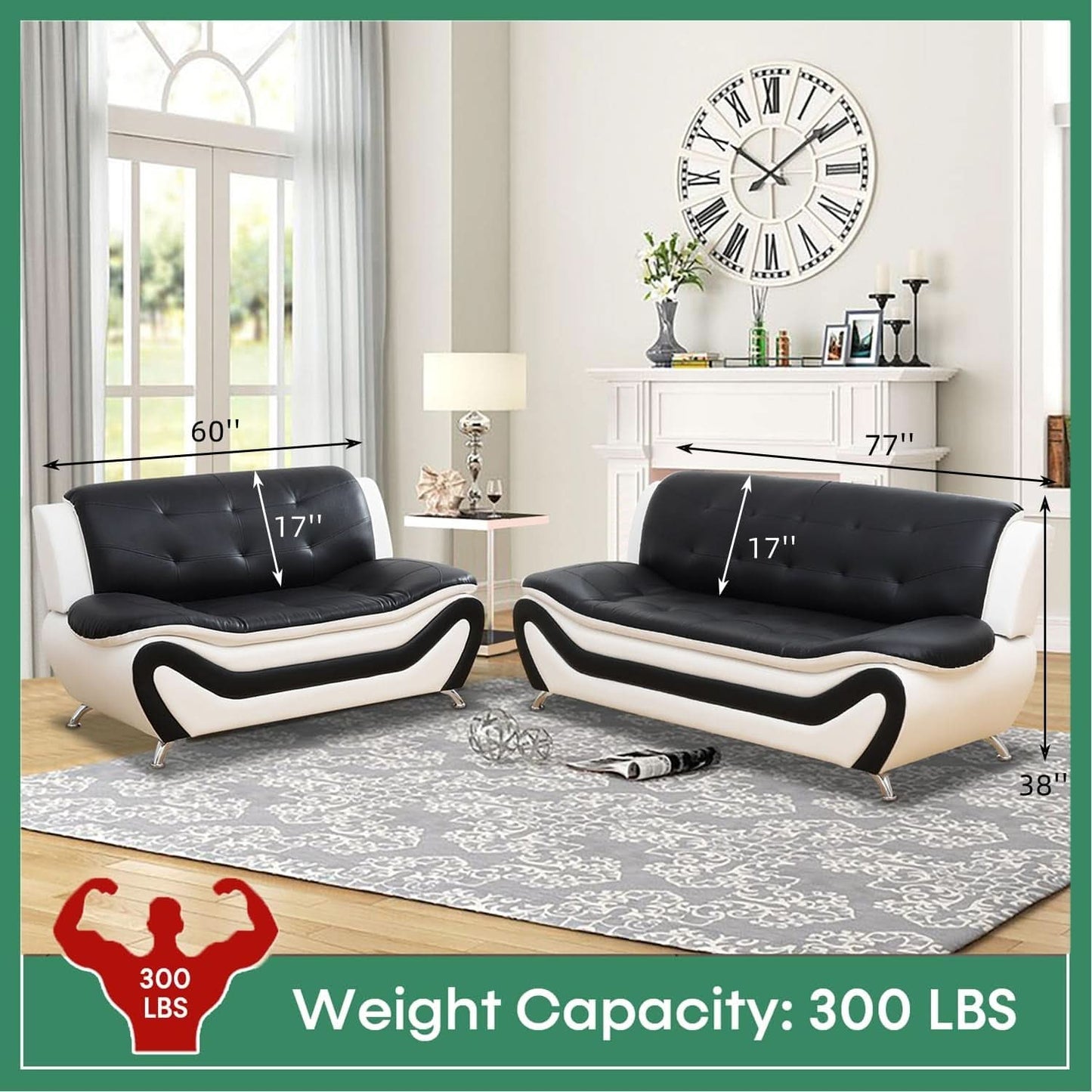 Leather Sofa Set 3 Piece Living Room Furniture In Black And White