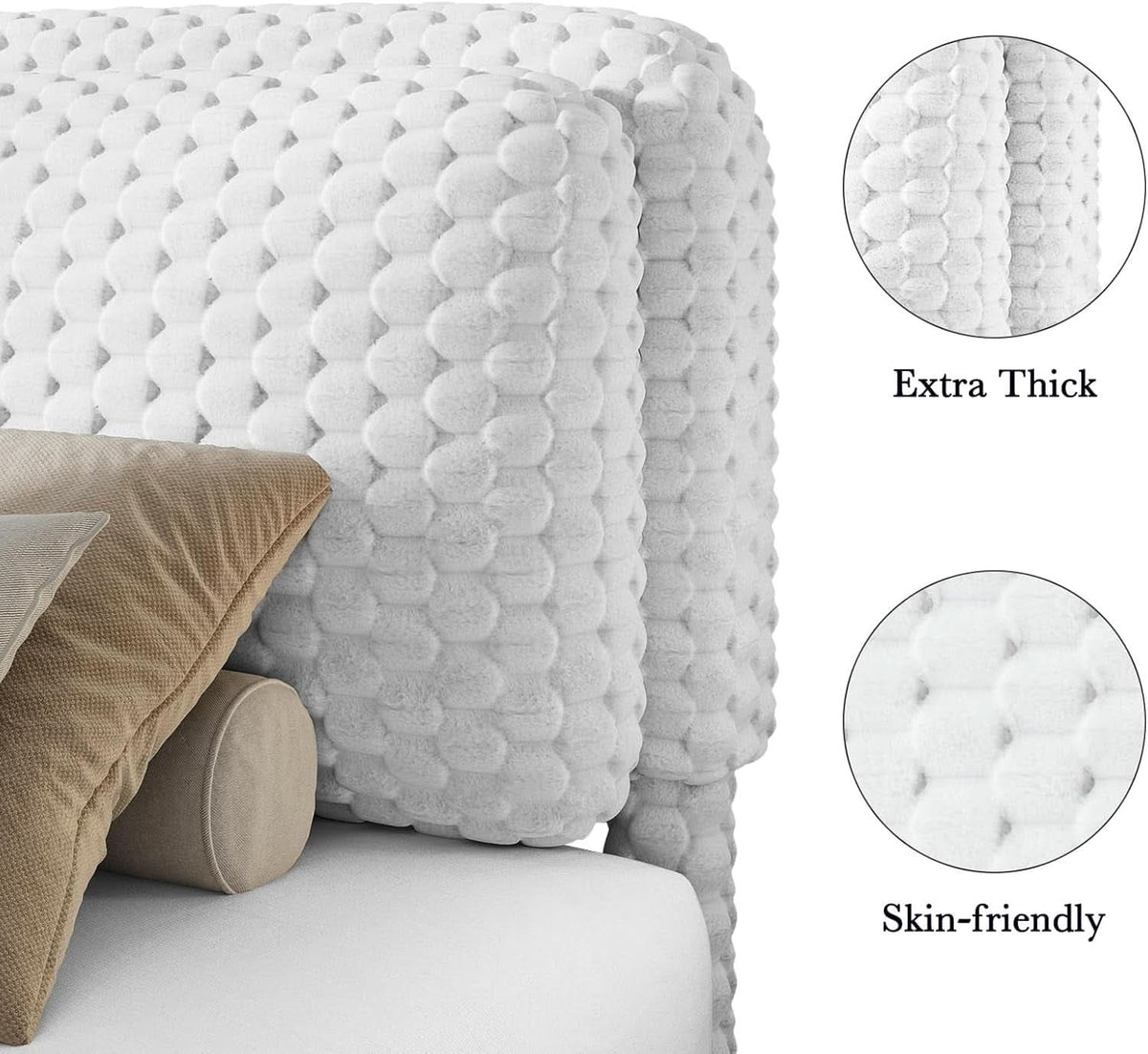 Queen Size White Corduroy Upholstered Platform Bed