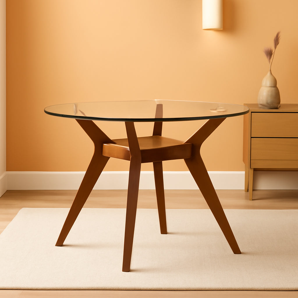 Forty Eight Inch Tempered Glass Round Dining Table Nutmeg Finish