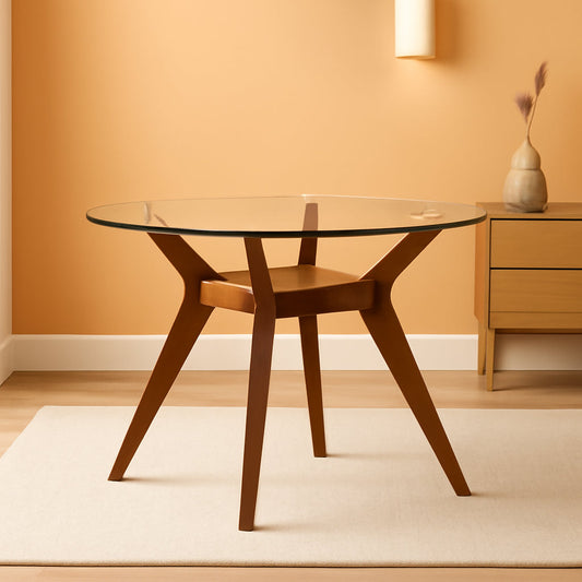 Forty Eight Inch Tempered Glass Round Dining Table Nutmeg Finish
