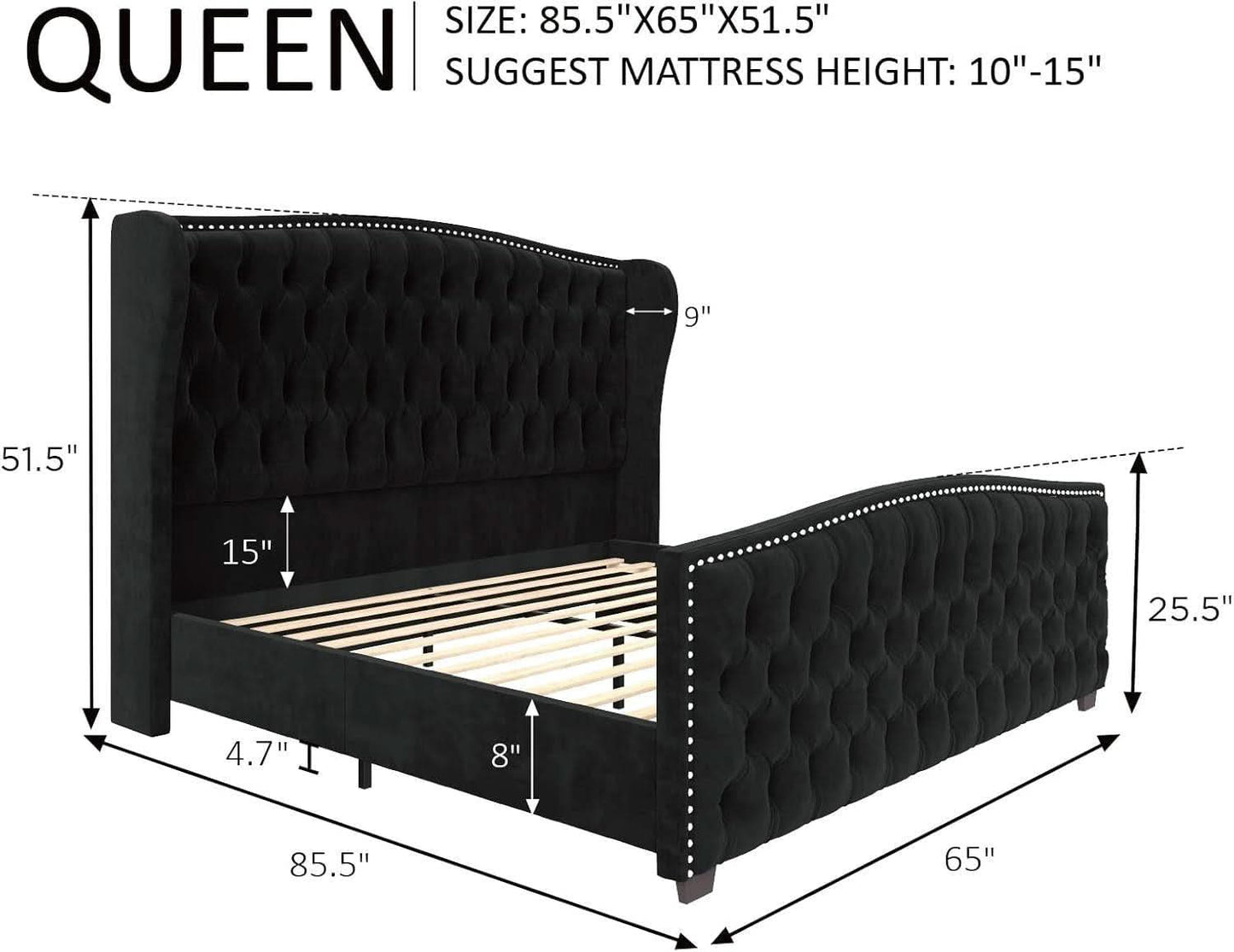 Queen Size Platform Bed Frame With Nailhead Trim Deluxe
