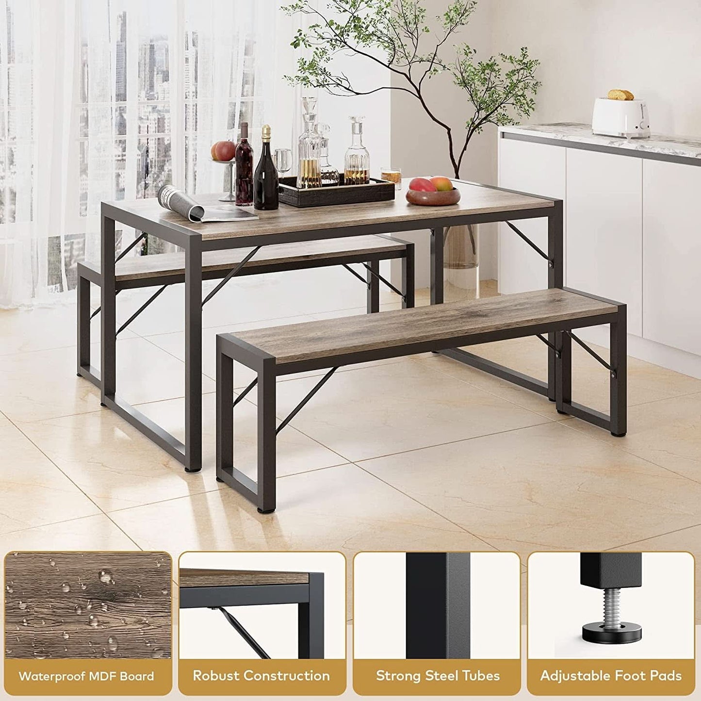 Dining Table Set For 4 With 2 Benches Gray Finish Modern