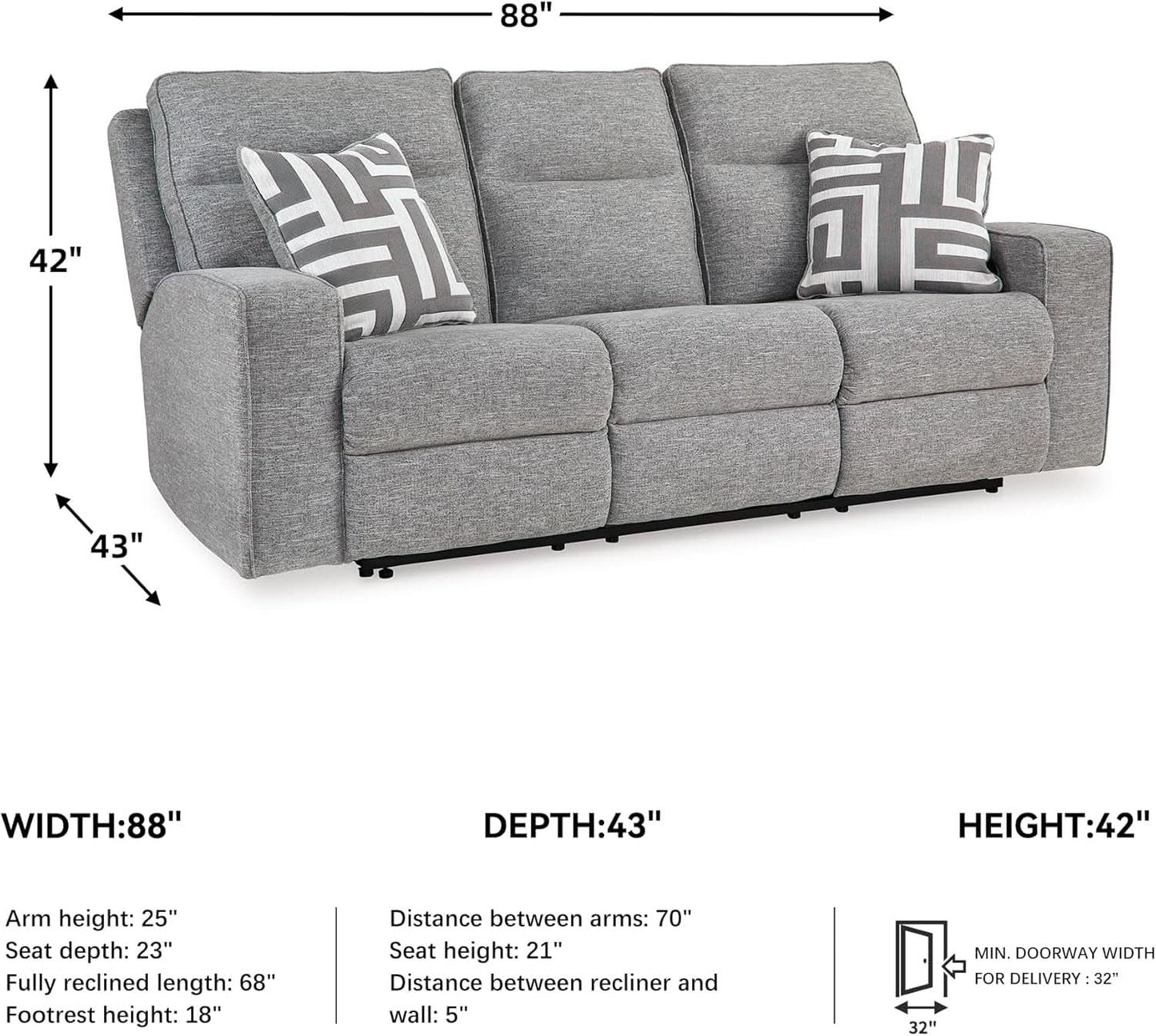 Premium Reclining Sofa Illuminating Gray USB Ports