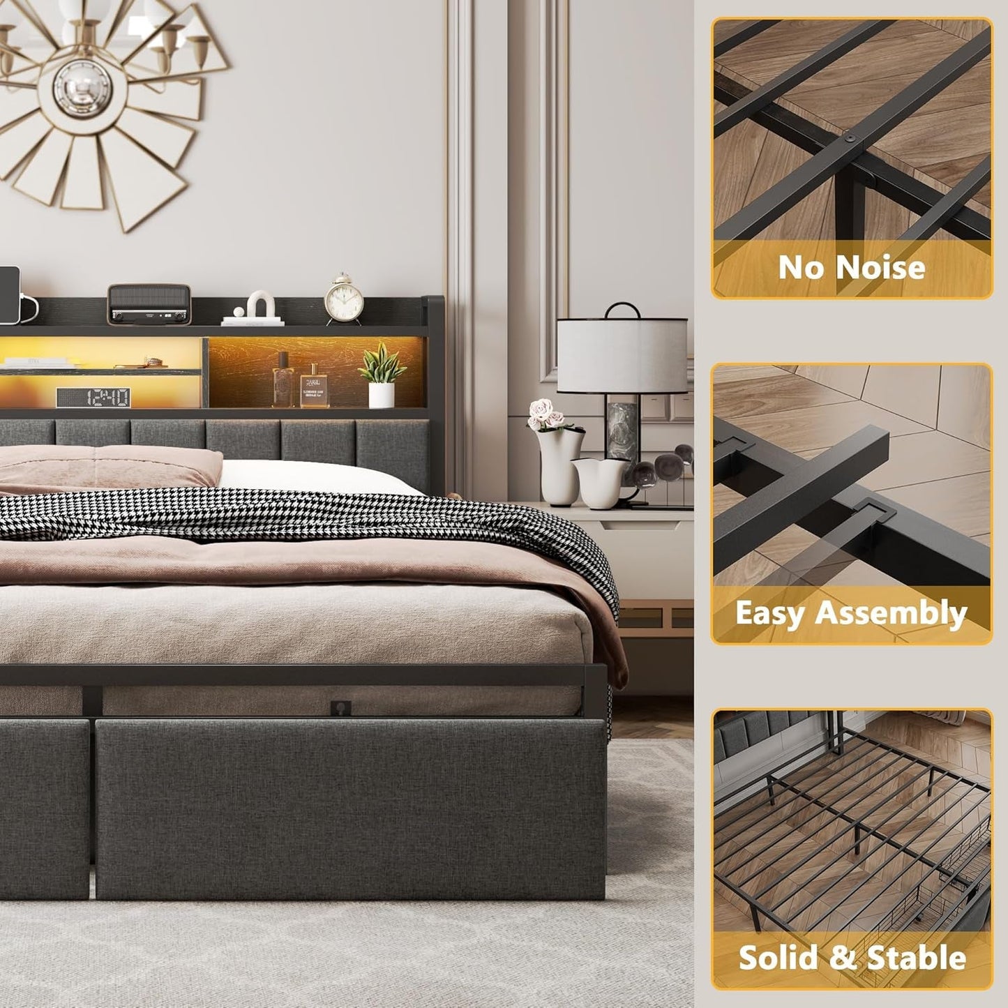 Professional Full Size Black Bed Frame Upholstered