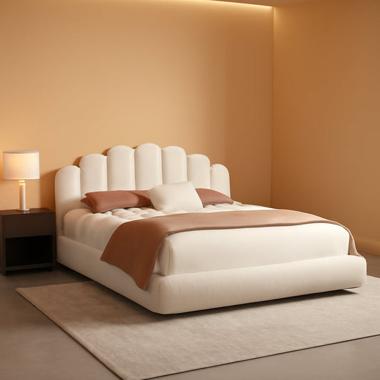 Floating King Bed Cream Boucle Engineered Wood Classic