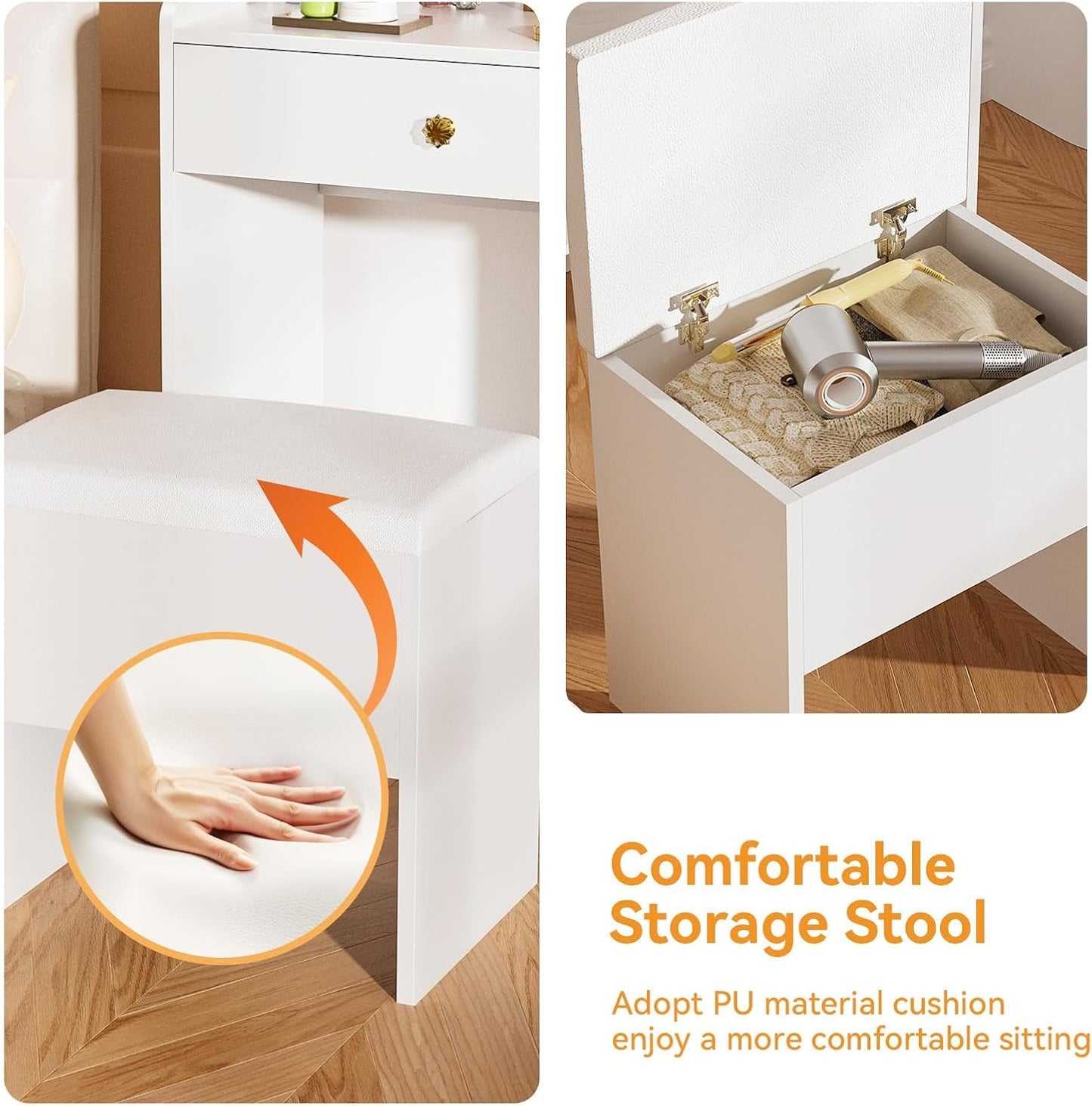 White Minimalist Vanity Desk With Illuminated Mirror