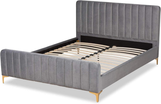 Queen Size Luxurious Grey Velvet Upholstered Platform Bed