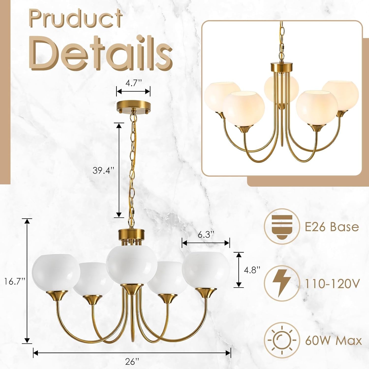 Goldtone Finish Five Lighting Milk Glass Chandelier-2