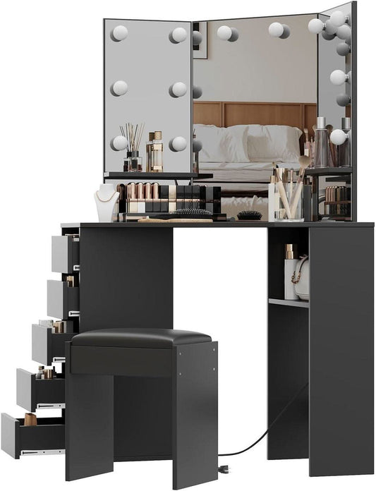 Corner Vanity Desk Black Illuminated Mirror Lights