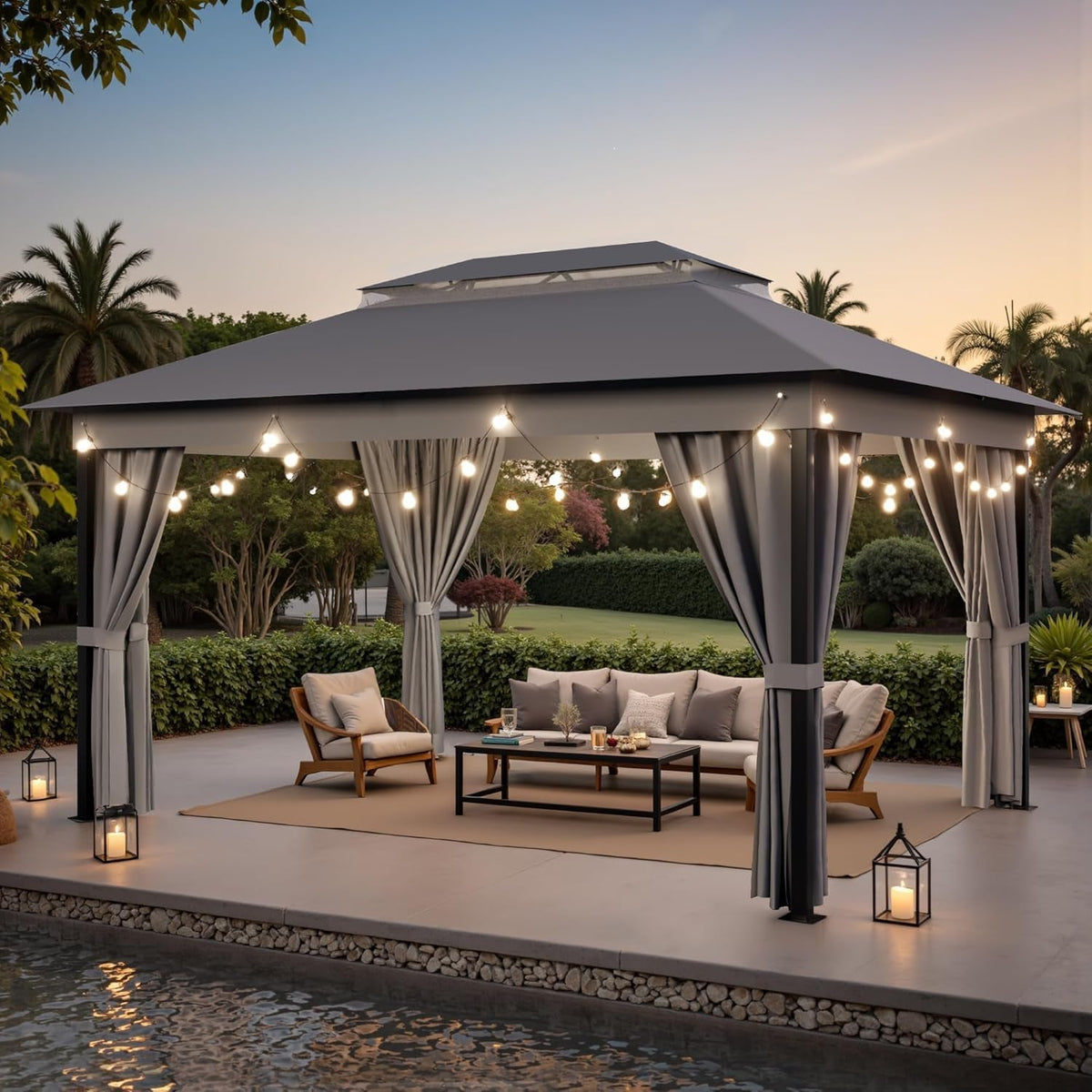 10x13 Outdoor Gazebo Integrated Mosquito Netting Grey