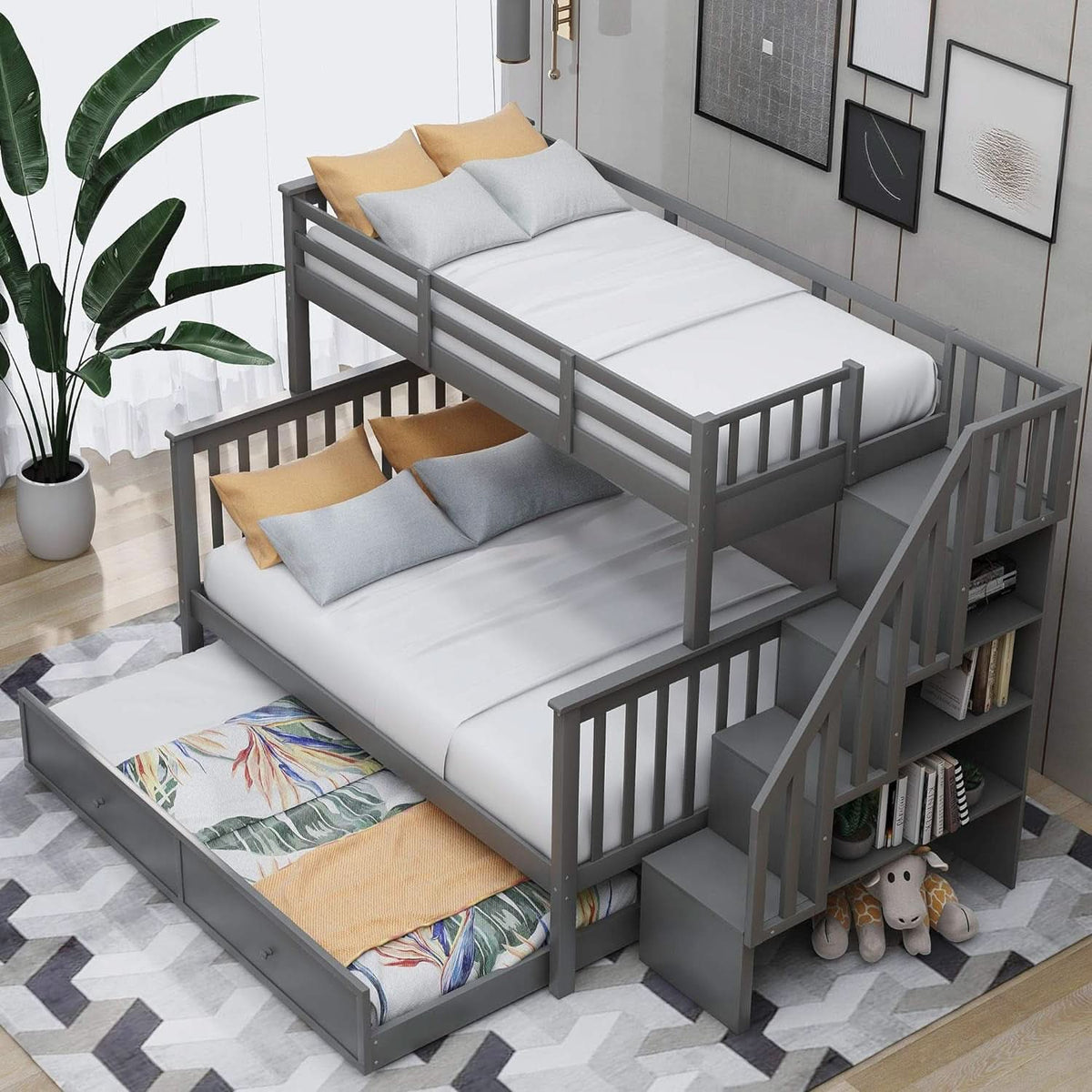 Twin Over Full Bunk Bed With Trundle Storage Shelves Grey