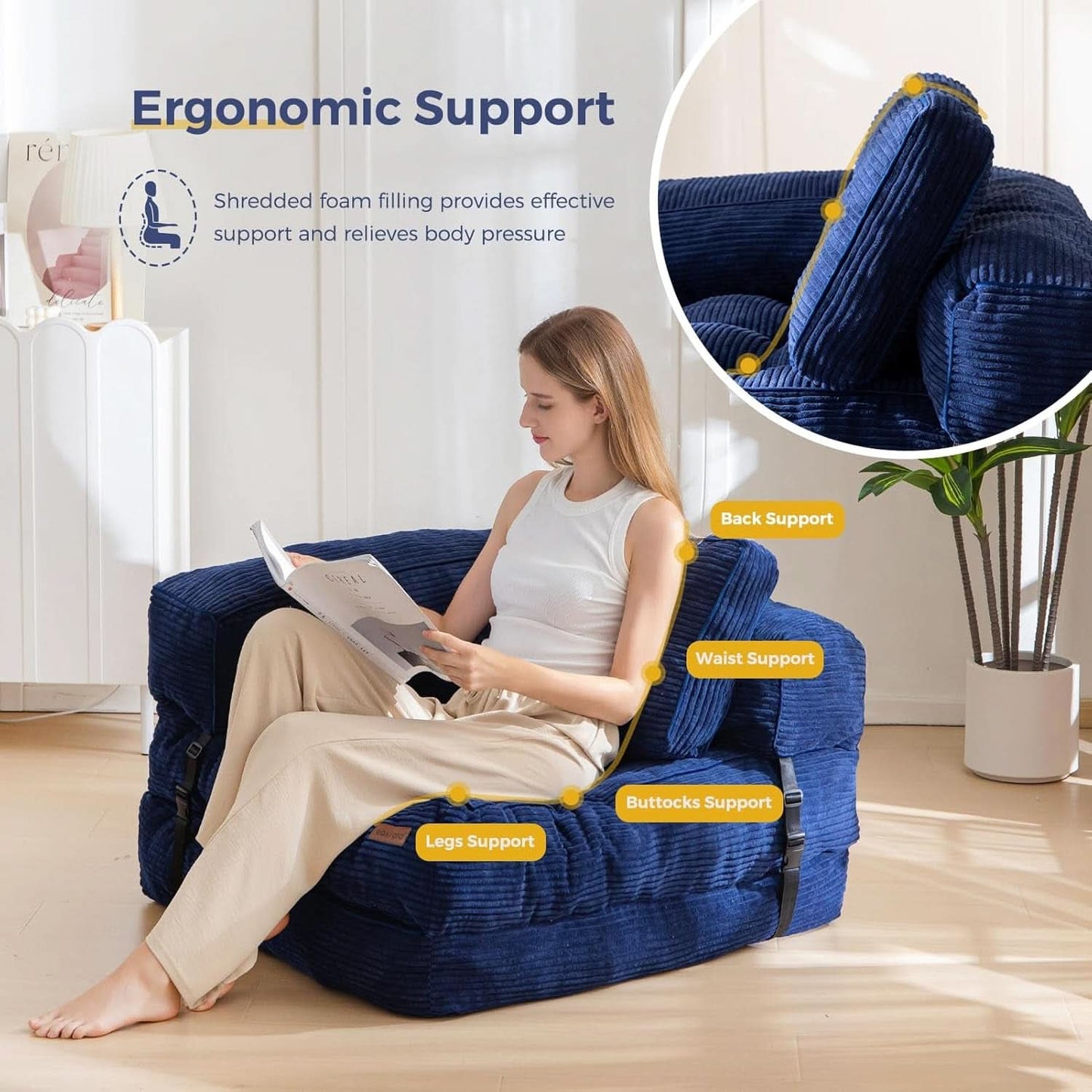 Navy Folding Sofa Bed With Armrests For Living Room