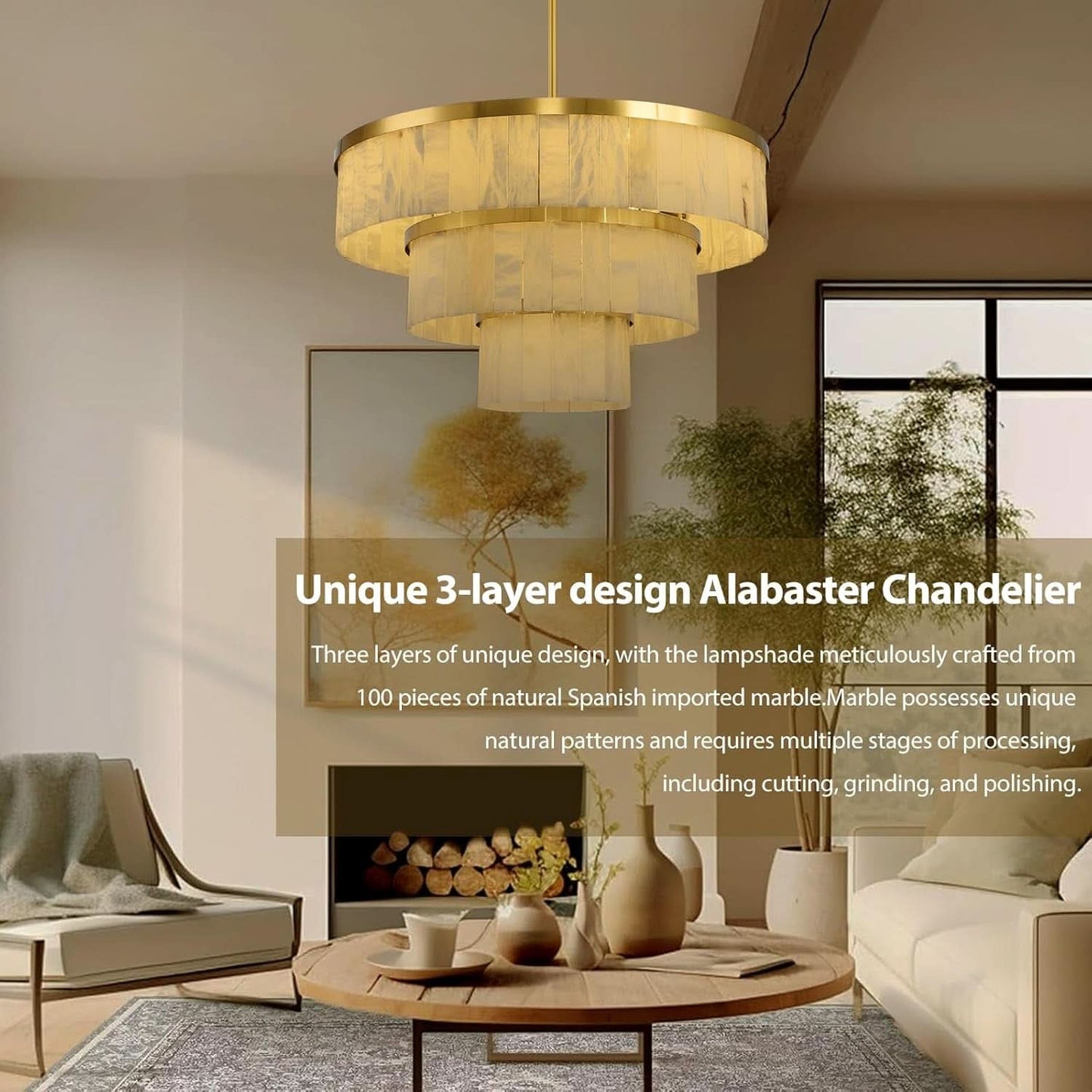 Alabaster 3 Tier Chandelier 34 Inch Gold Finish Fixture