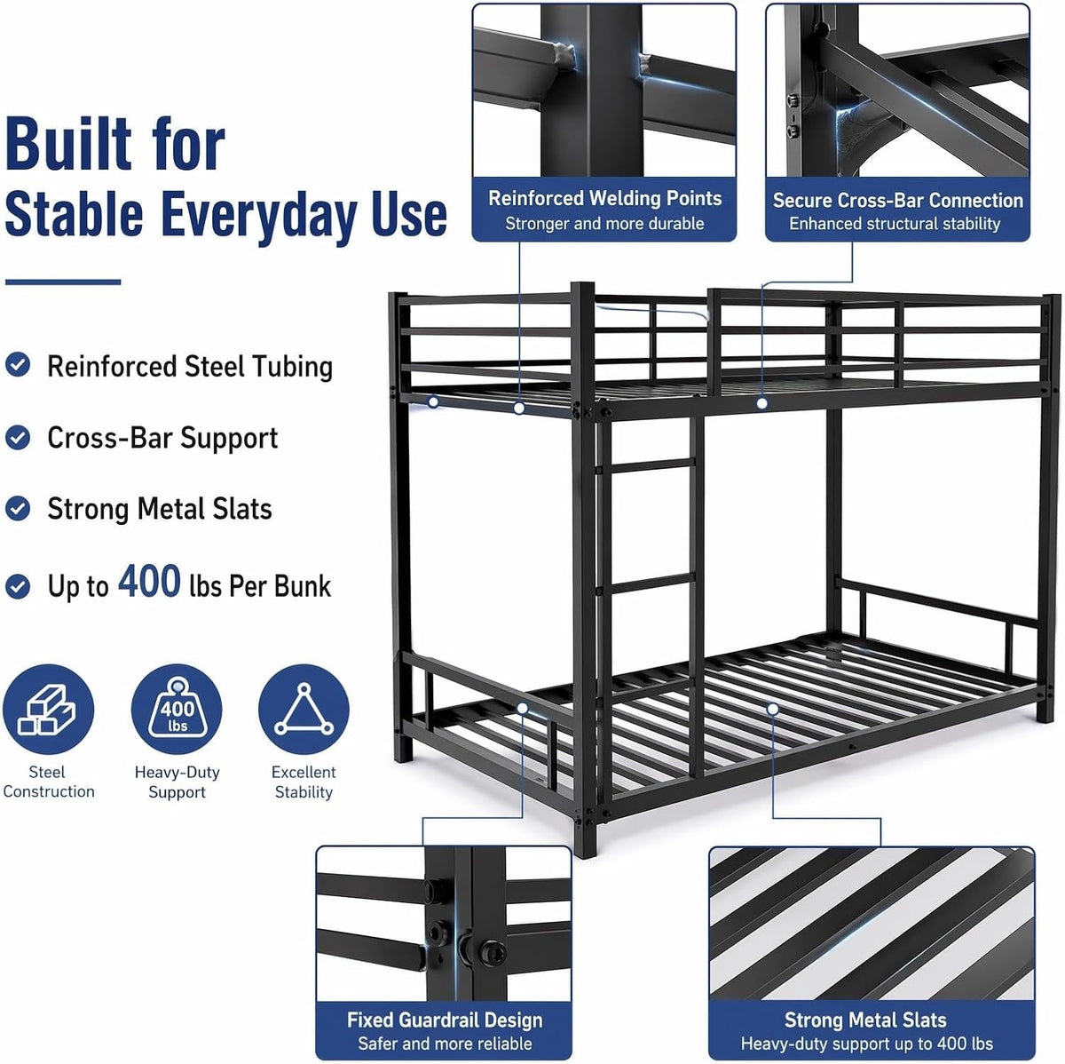 Twin Industrial Strength Metal Bunk Bed Rails System