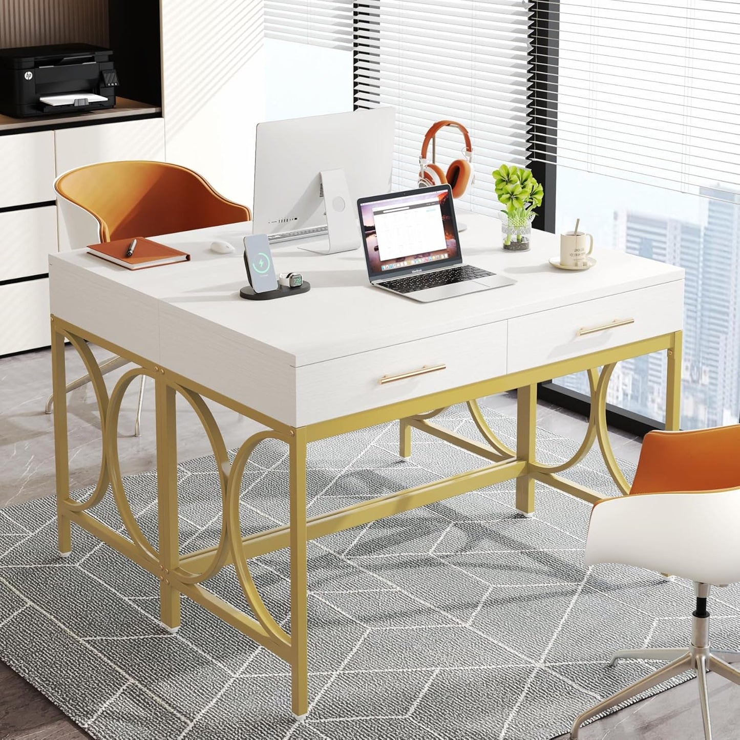 White And Gold 41Inch Workstation Desk With Drawers