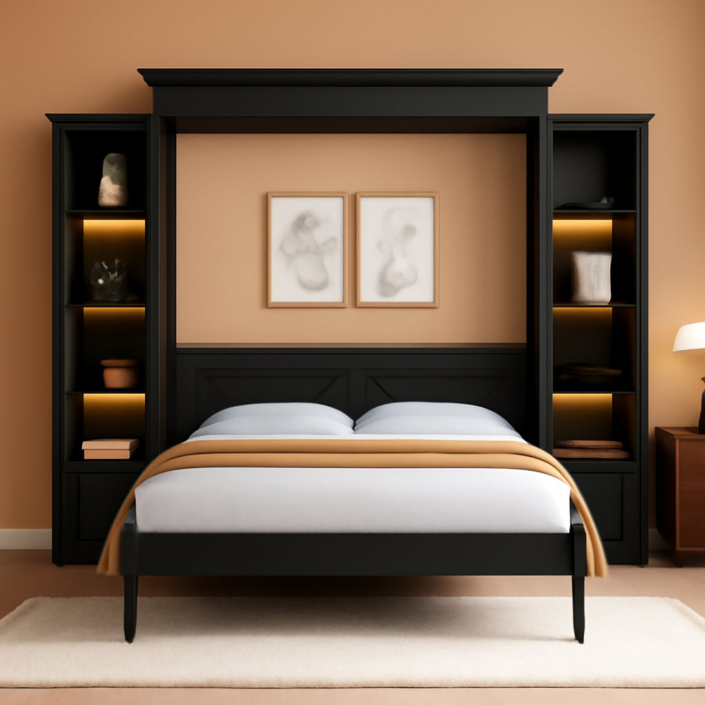 Queen Size Murphy Bed With Storage Cabinets And LED Lighting Black