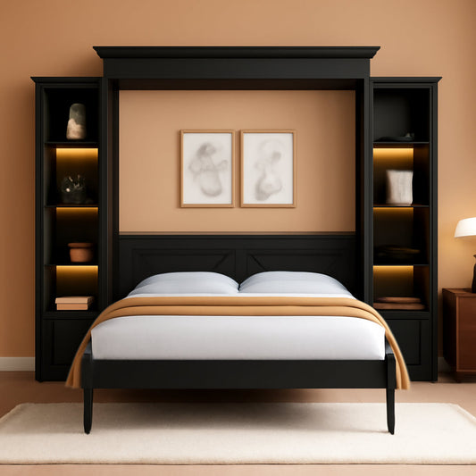 Queen Size Murphy Bed With Storage Cabinets And LED Lighting Black