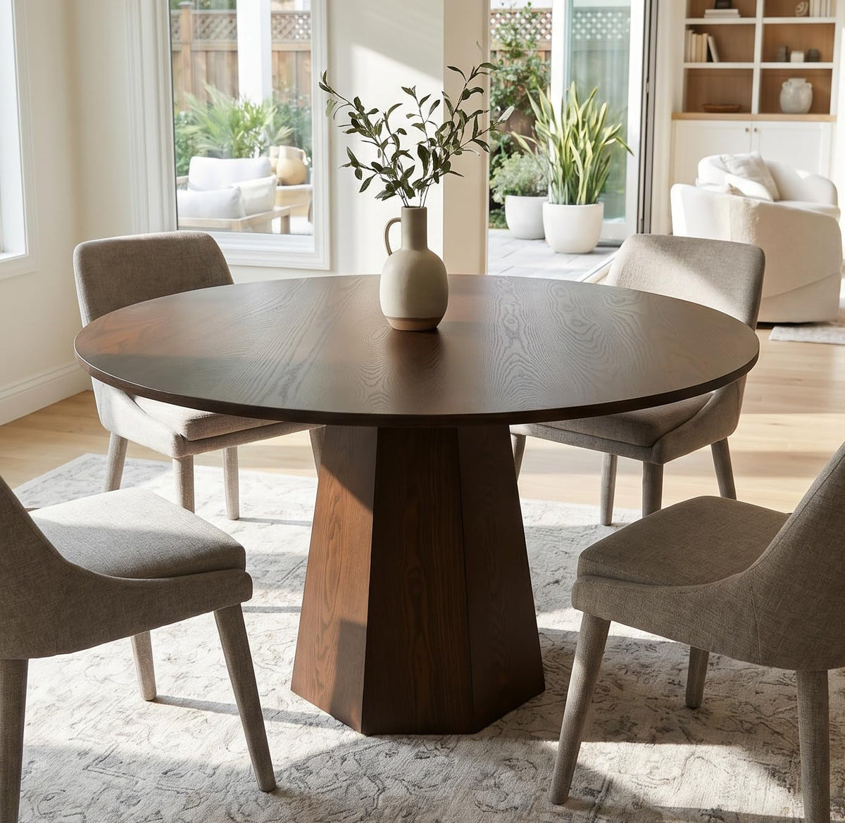 Round Walnut Solid Wood Dining Table 39 Inch Pedestal Base Design Modern