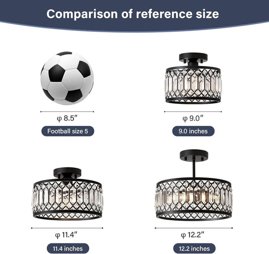 Crystal Black Three Light Semi Flush Mount Ceiling Light