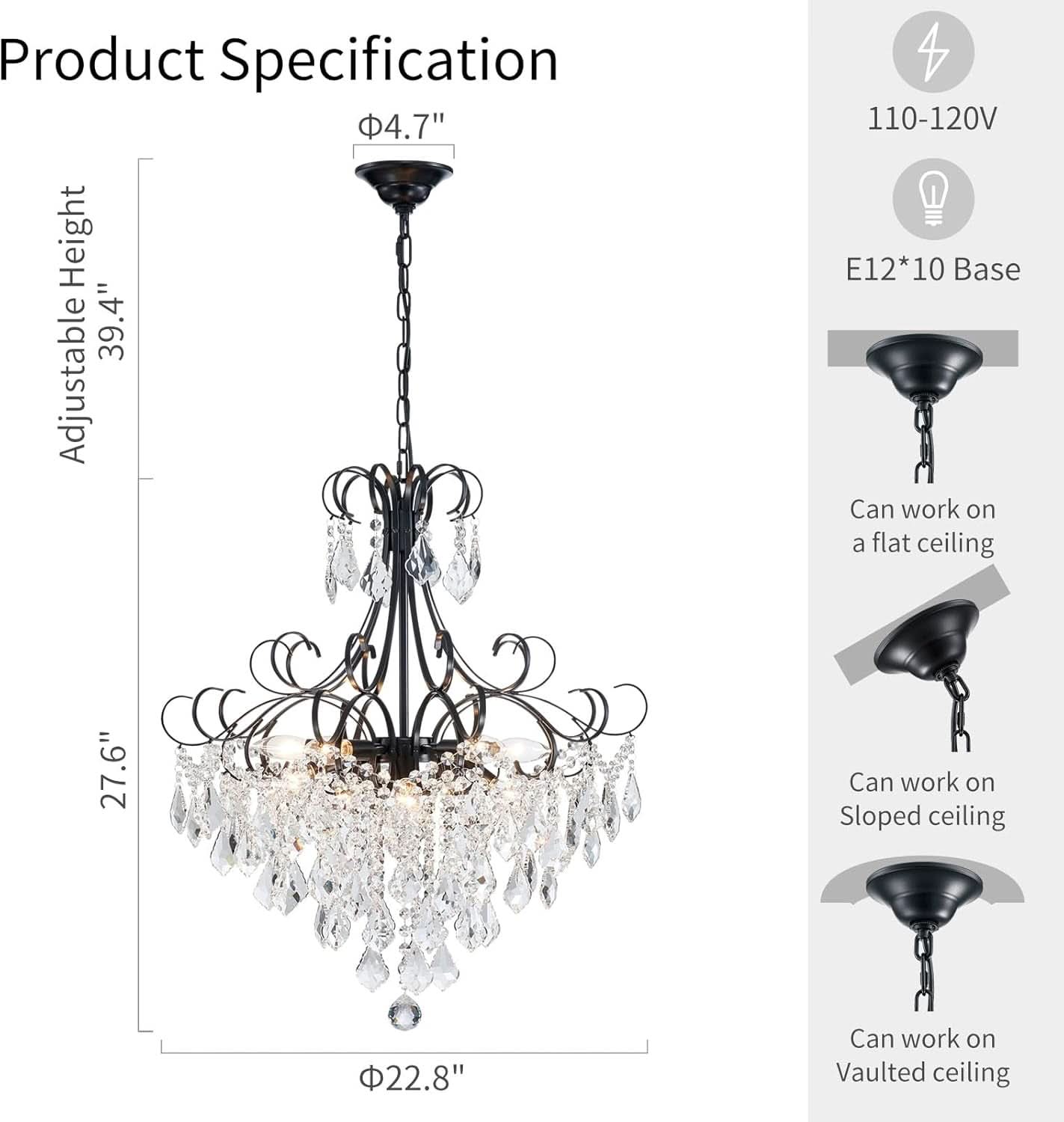 Black Crystal Chandelier 10 Light Pendant Ceiling Fixture