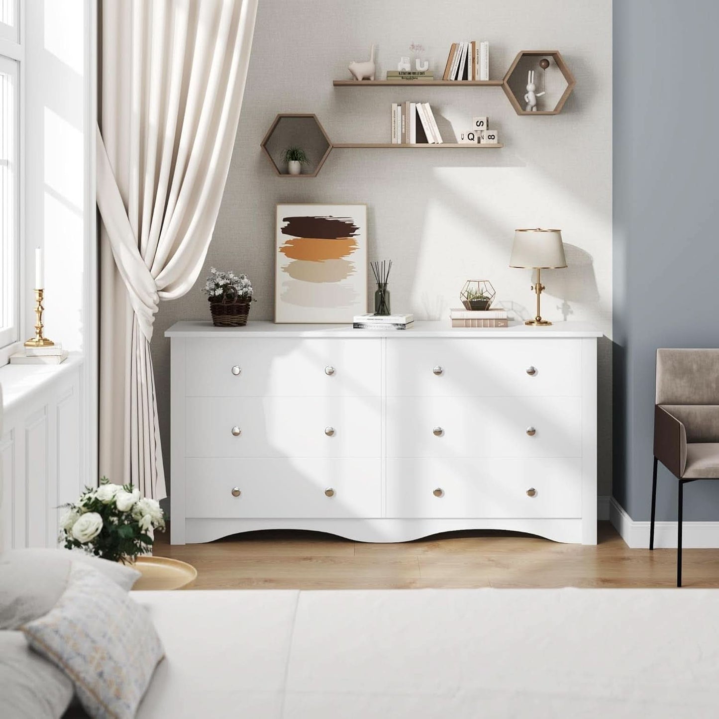 6 Drawer Dresser and TV Stand in White for 65 Inch TV