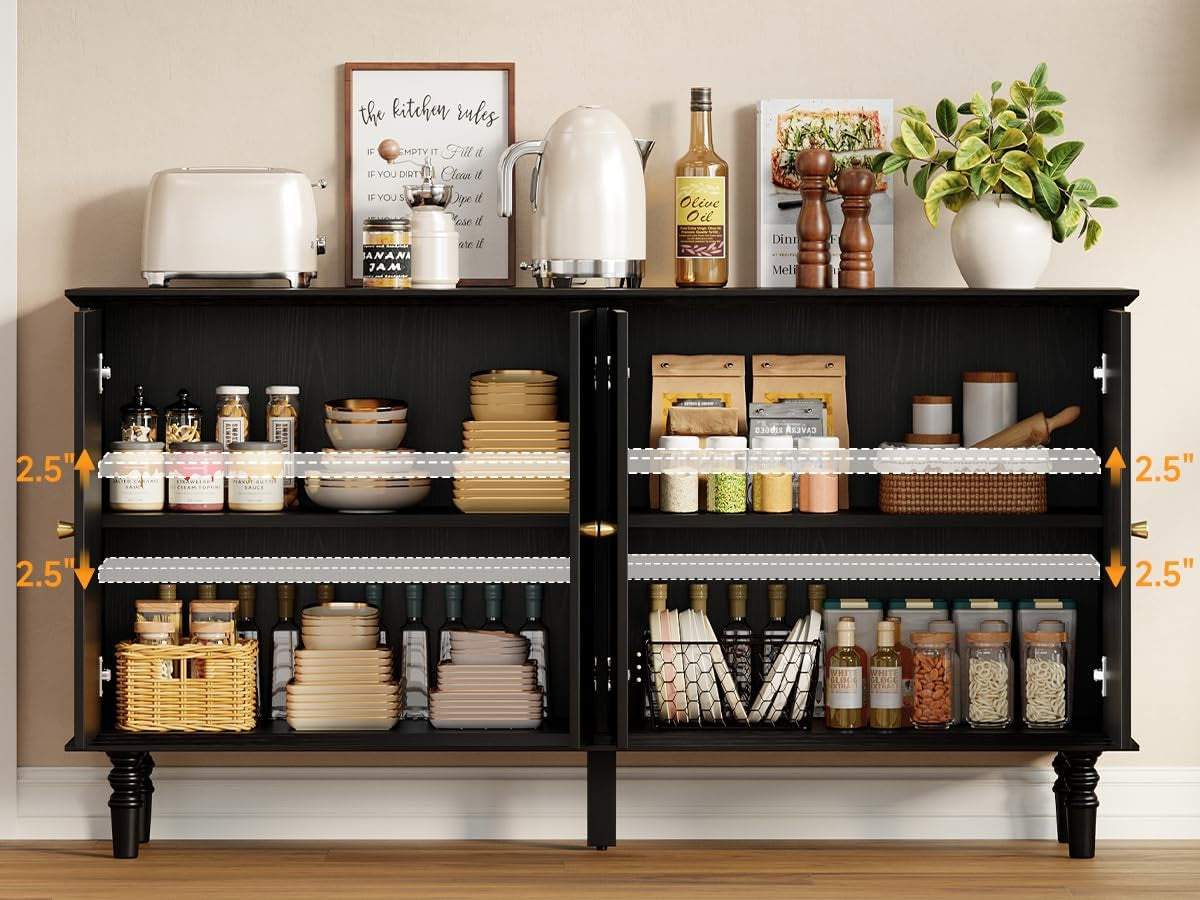 63 Inch Smoky Black Buffet Cabinet Adjustable Shelves