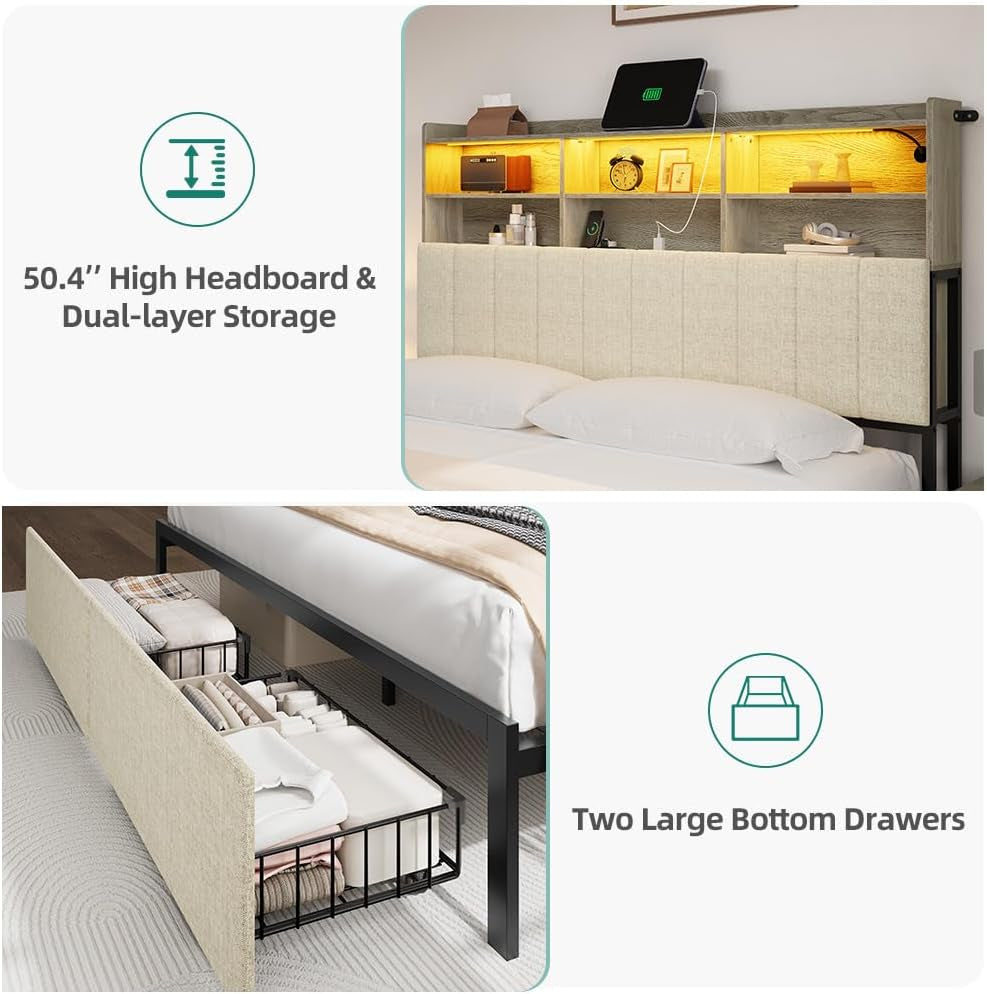 Queen Bed Frame With Two Tier Storage Cabinets Beige