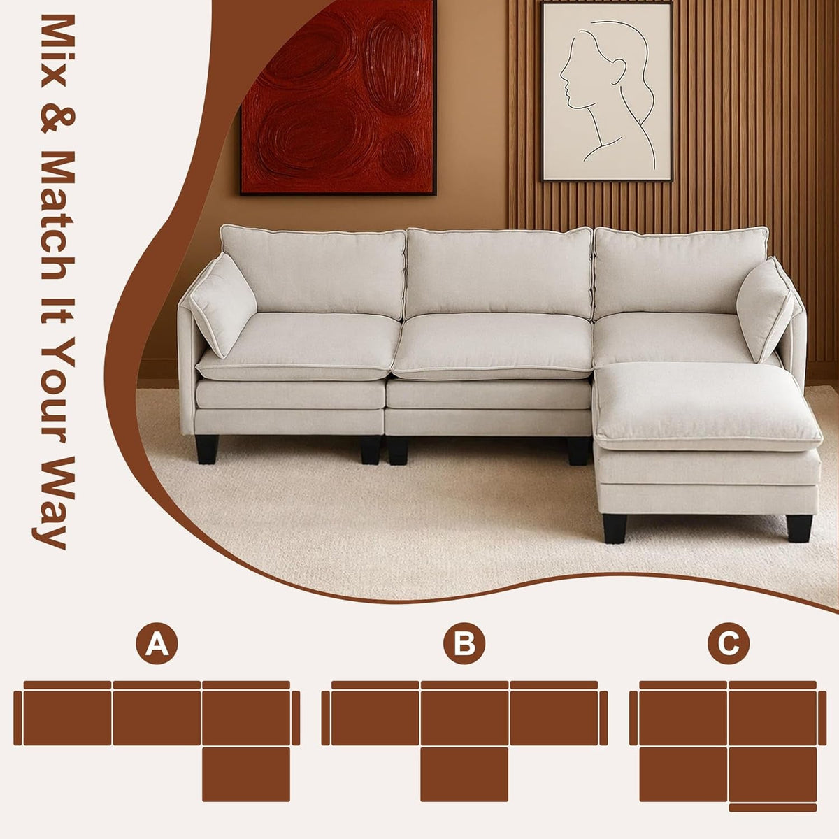 111Inch Modular Sectional Sofa Beige Upholstered Cushions-3