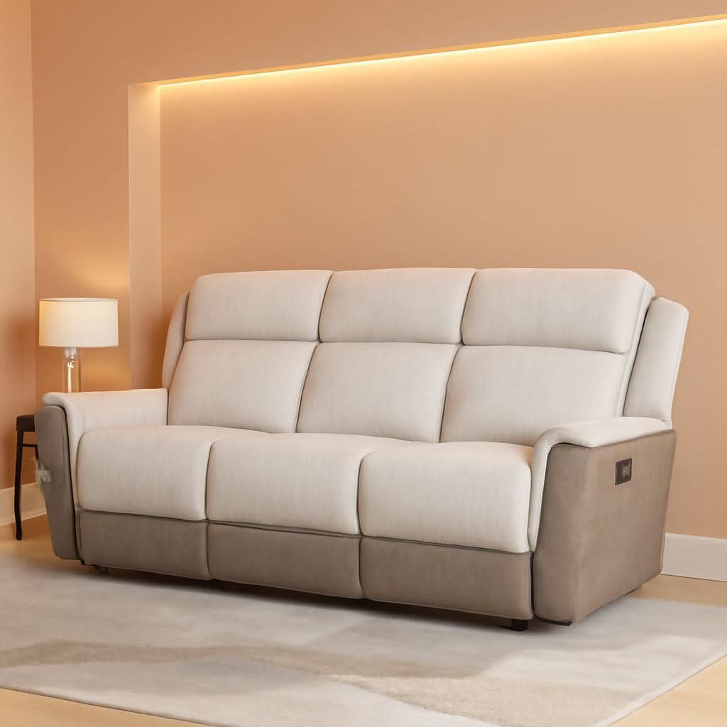 Two Tone Beige Chenille Upholstered Reclining Sofa