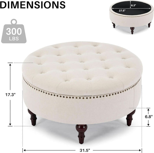 Large 31.5 Inches Round Storage Ottoman LinenBeige