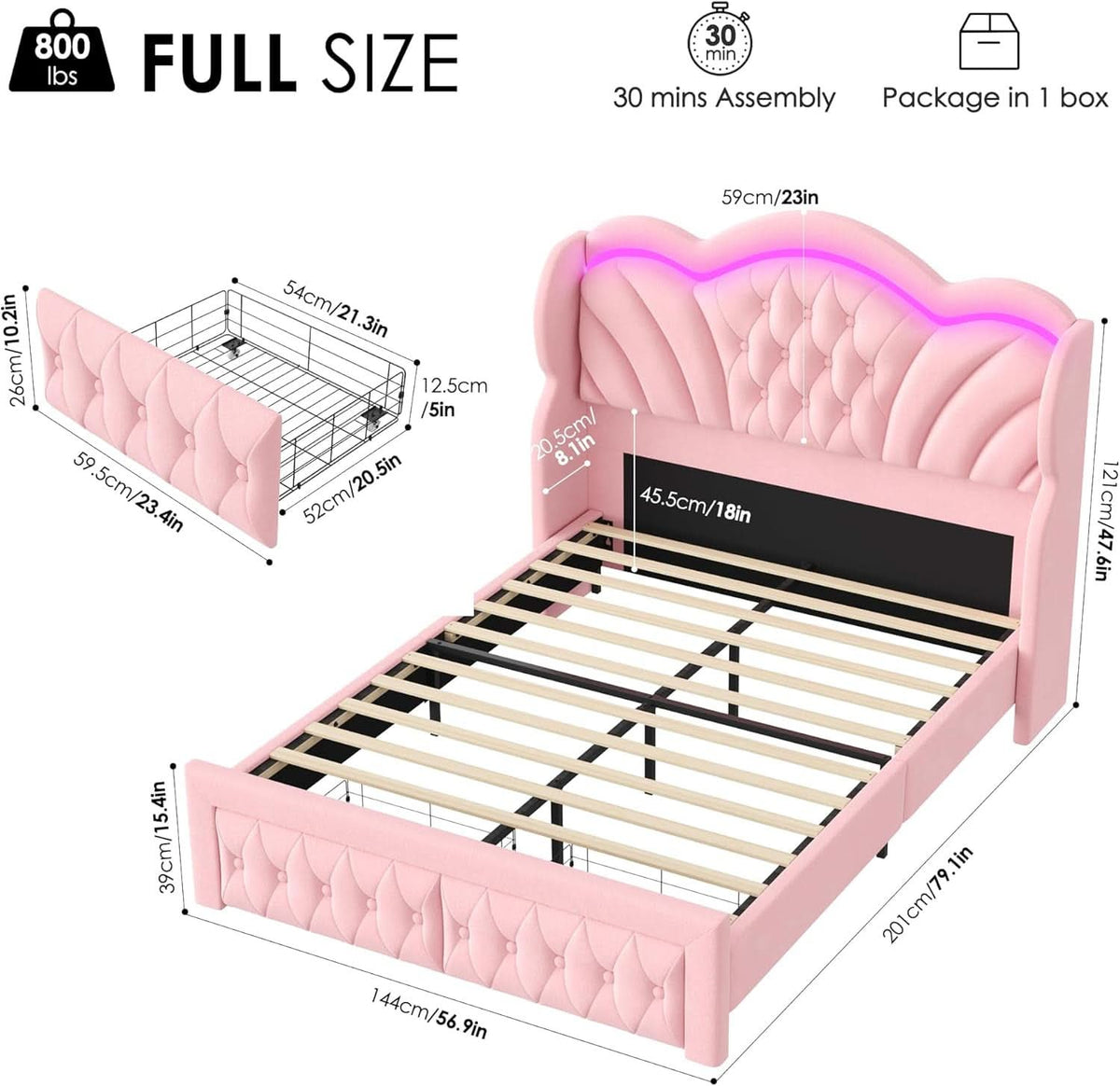 Pink Velvet Upholstered Platform Bed Frame With LEDs