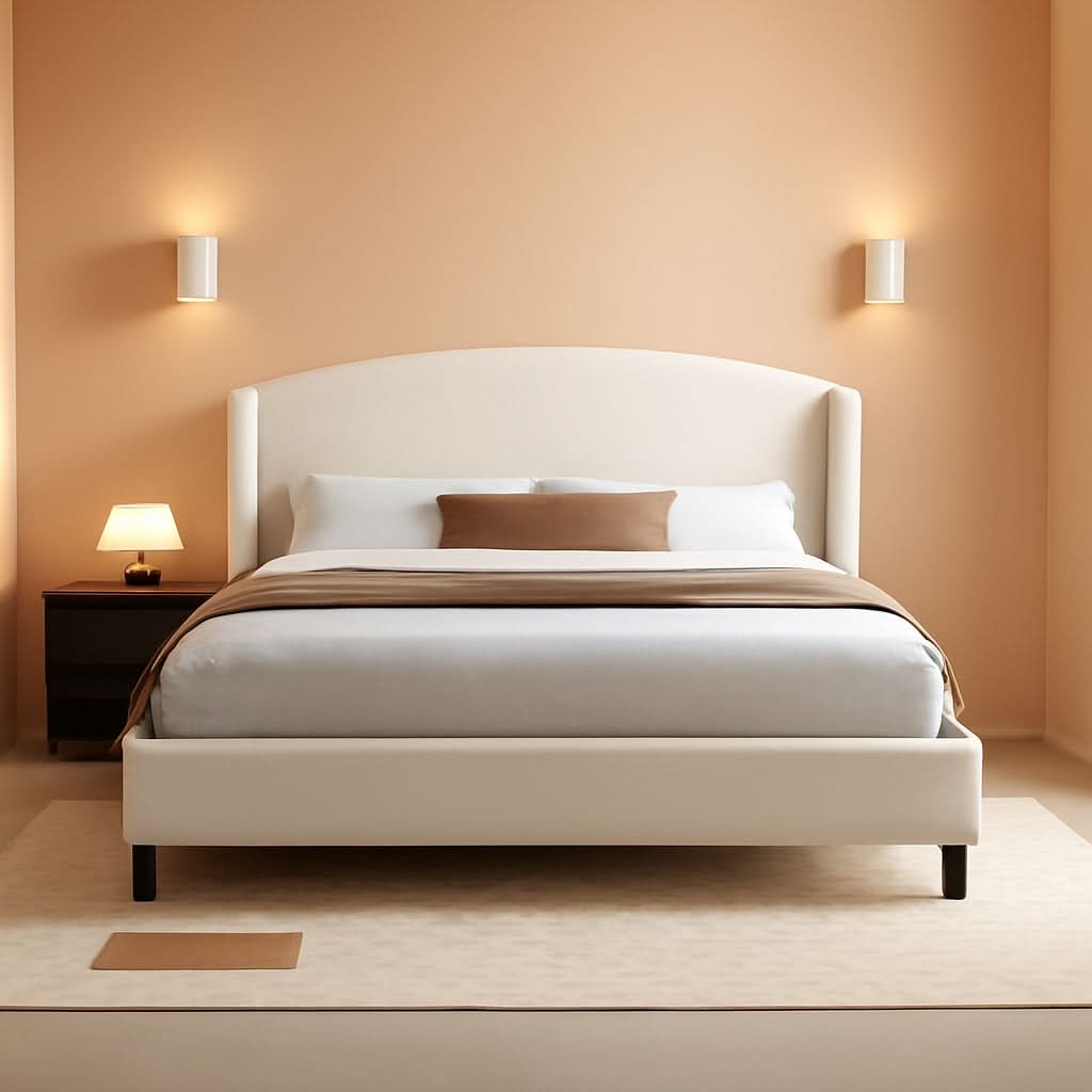 King Size Beige Upholstered Wing back Platform Bedframe