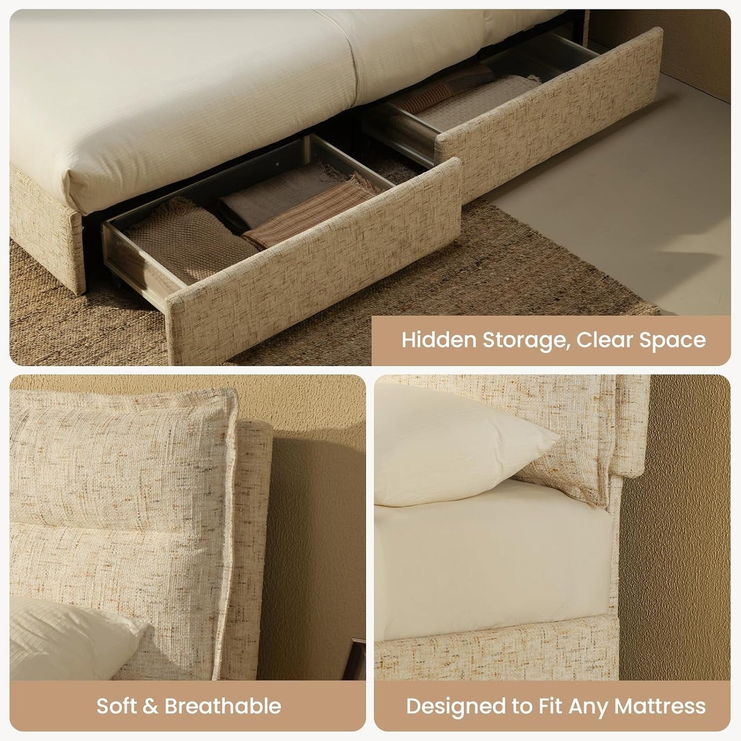 King Size Stone Beige Upholstered Platform Bed Drawers
