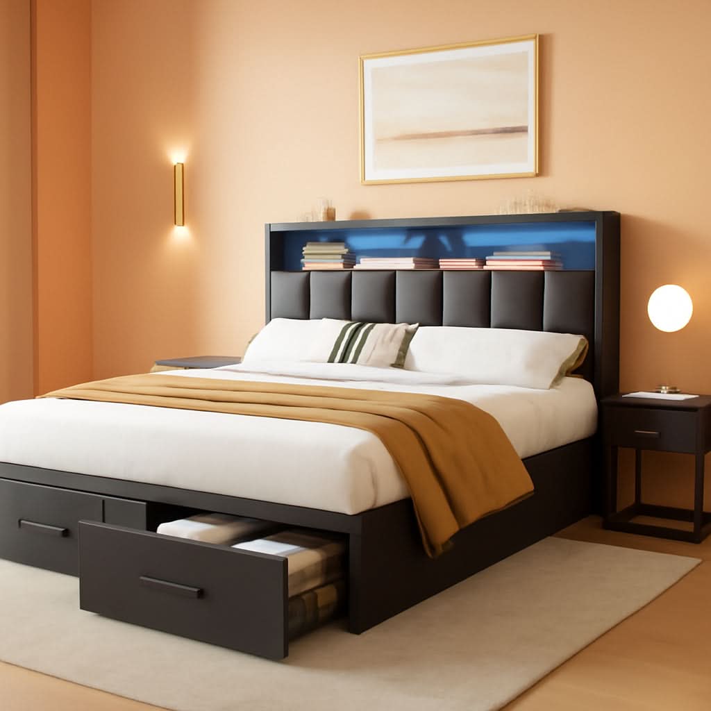 Full Size Upholstered Bed With Integrated Charging