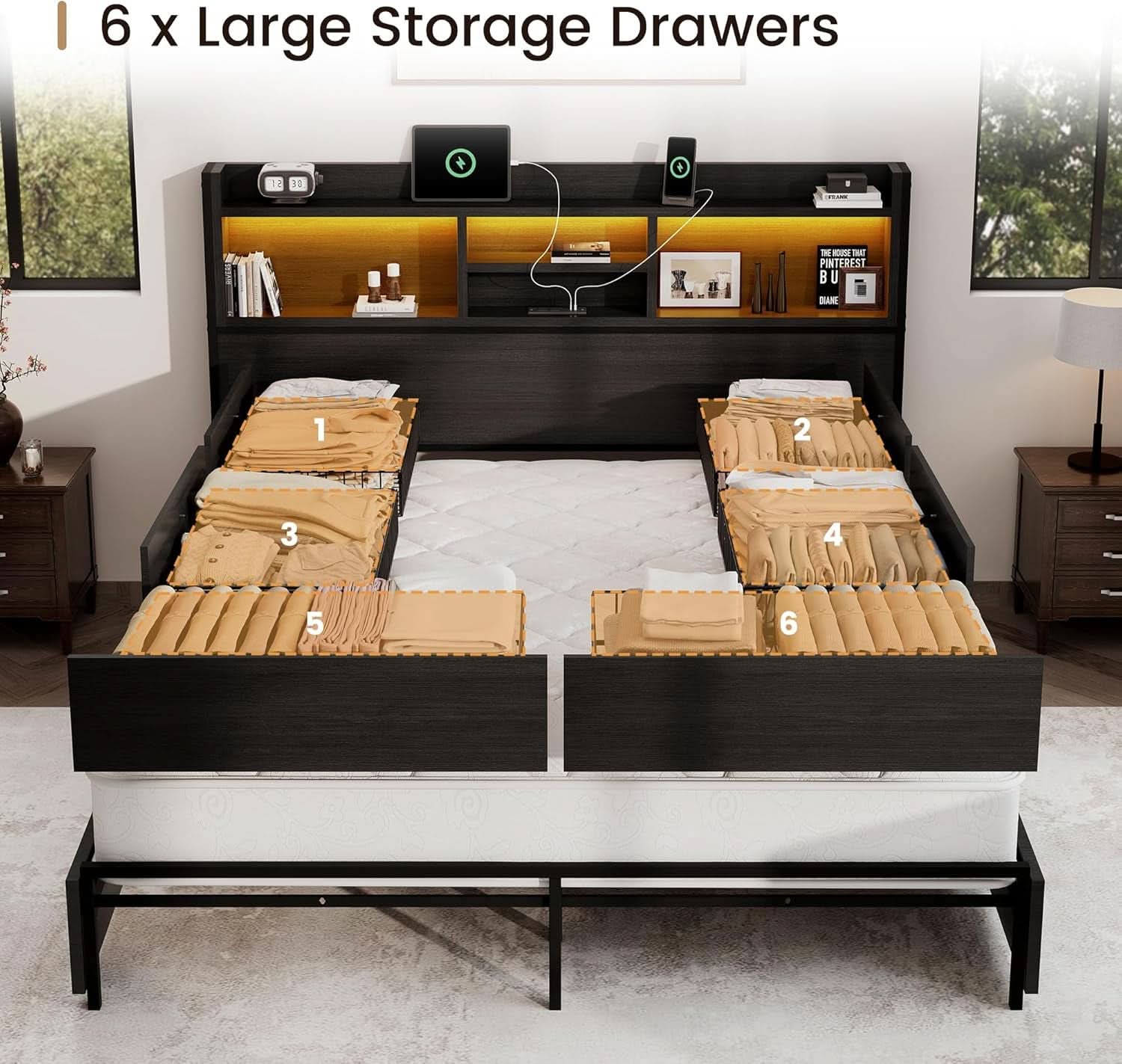 Vintage Black Queen Storage Bed Frame With USB Ports-2