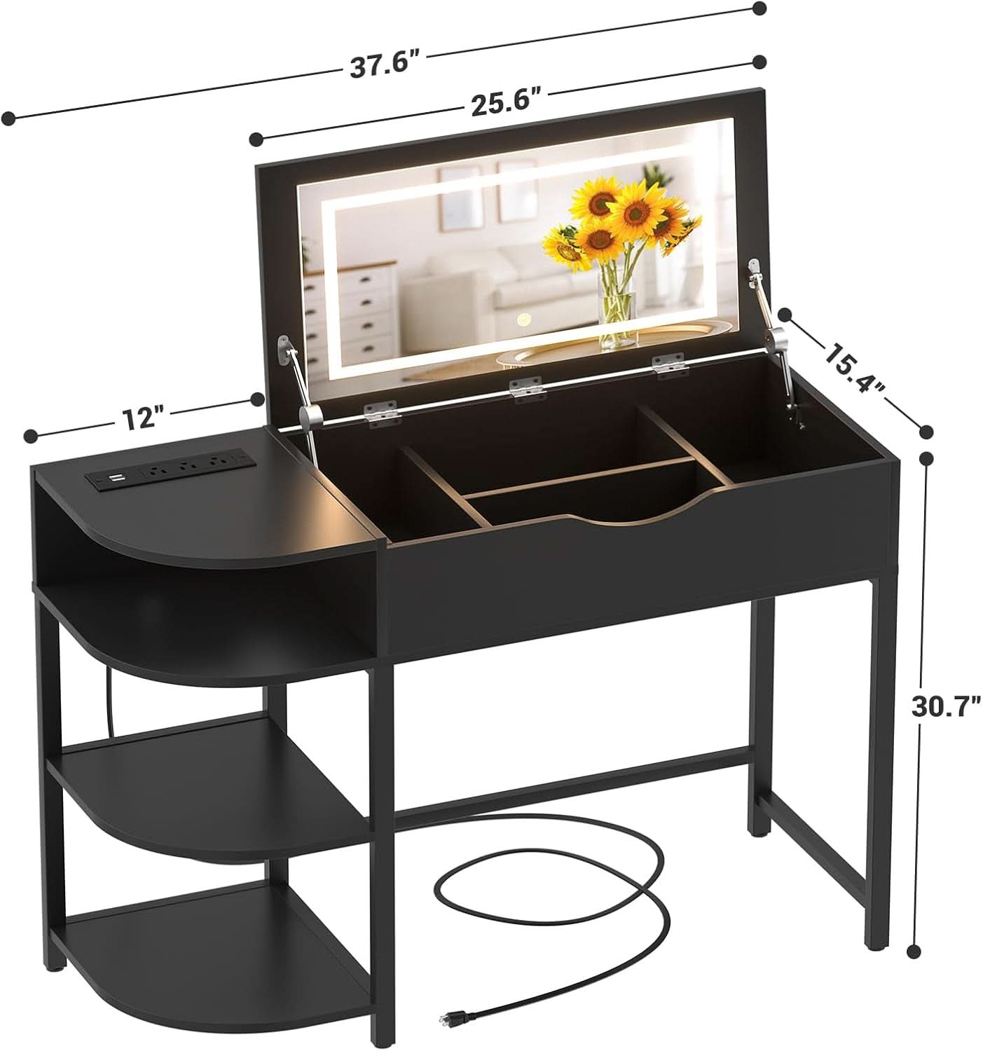 Black Vanity Desk With Multifunctional Ambient Mirror