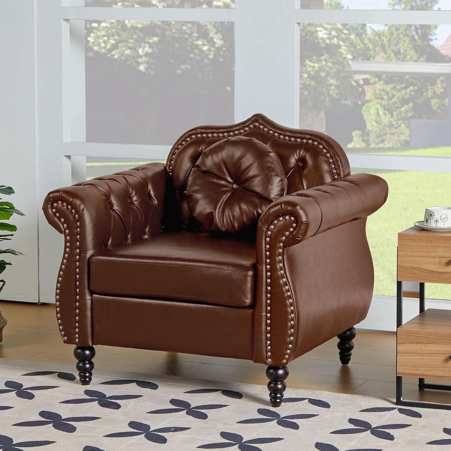 2 Piece Living Room Set Mid-Century Modern Chesterfield Chair Loveseat in Brown PU Leather Edition