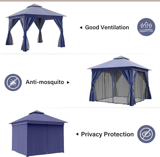 10x10 NavyBlue Patio Gazebo Weather Resistant Netting
