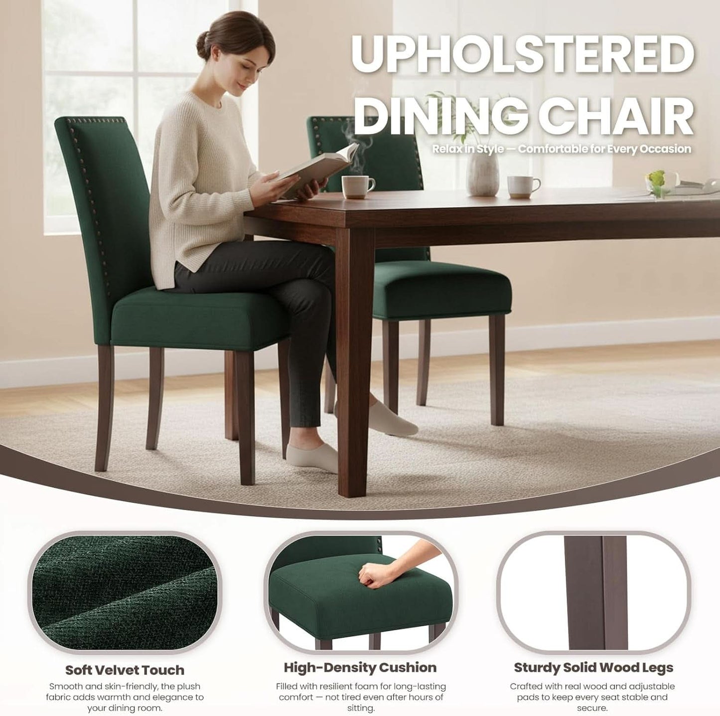 Green Velvet Upholstered Dining Chairs With Nailhead