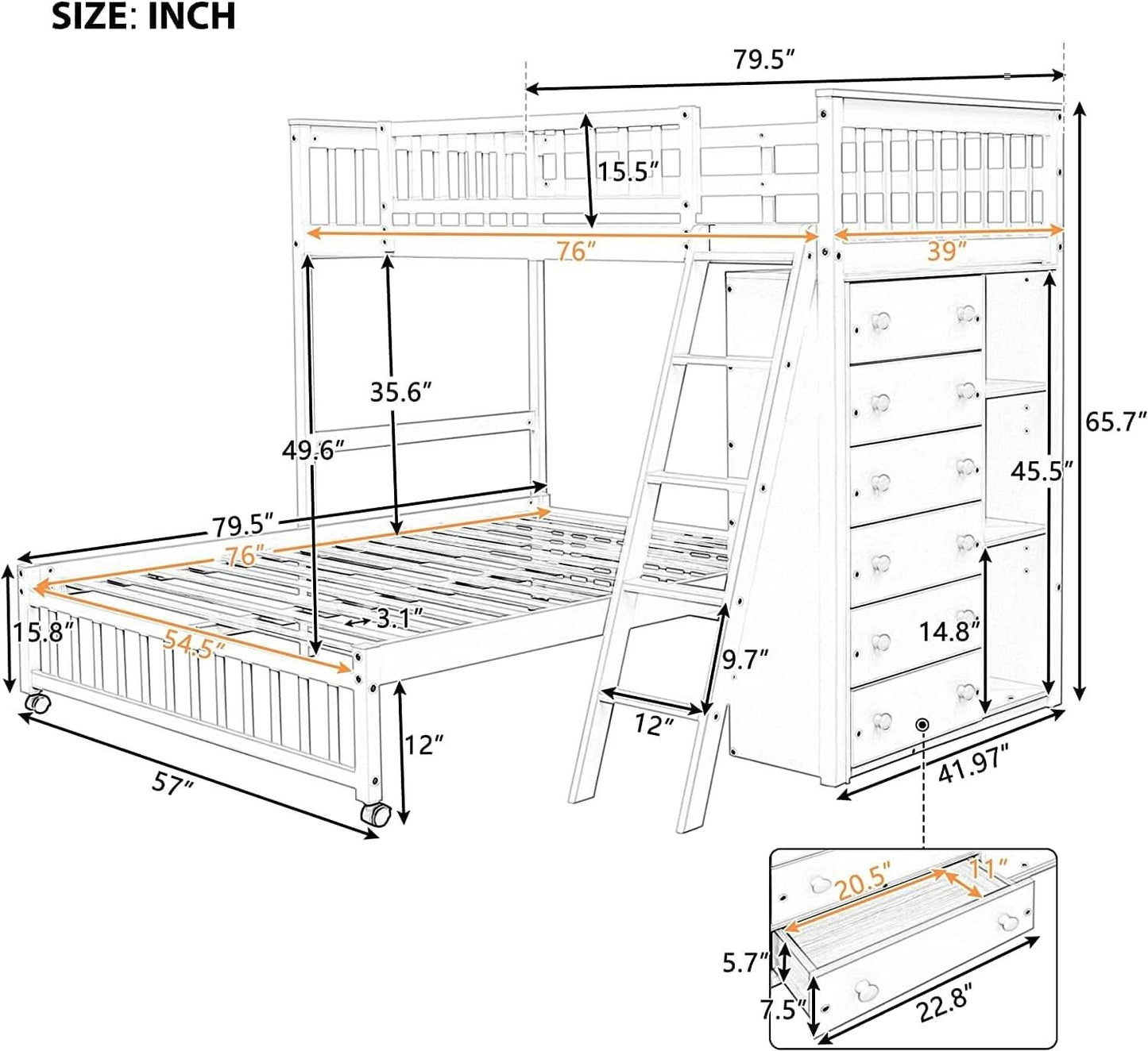 Espresso Twin Over Full Bunk Bed With Six Drawers Shelves