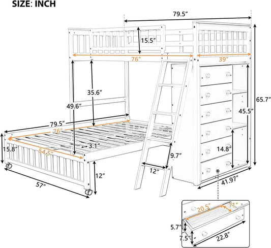 Espresso Twin Over Full Bunk Bed With Six Drawers Shelves